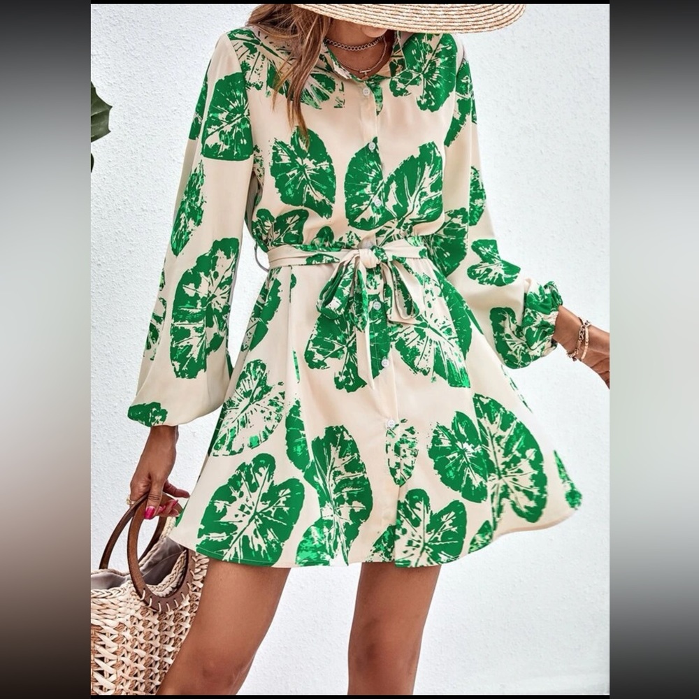 NWOT SHEIN Tropical Print Lantern Sleeve Belted Shirt Dress - Picture 6 of 11